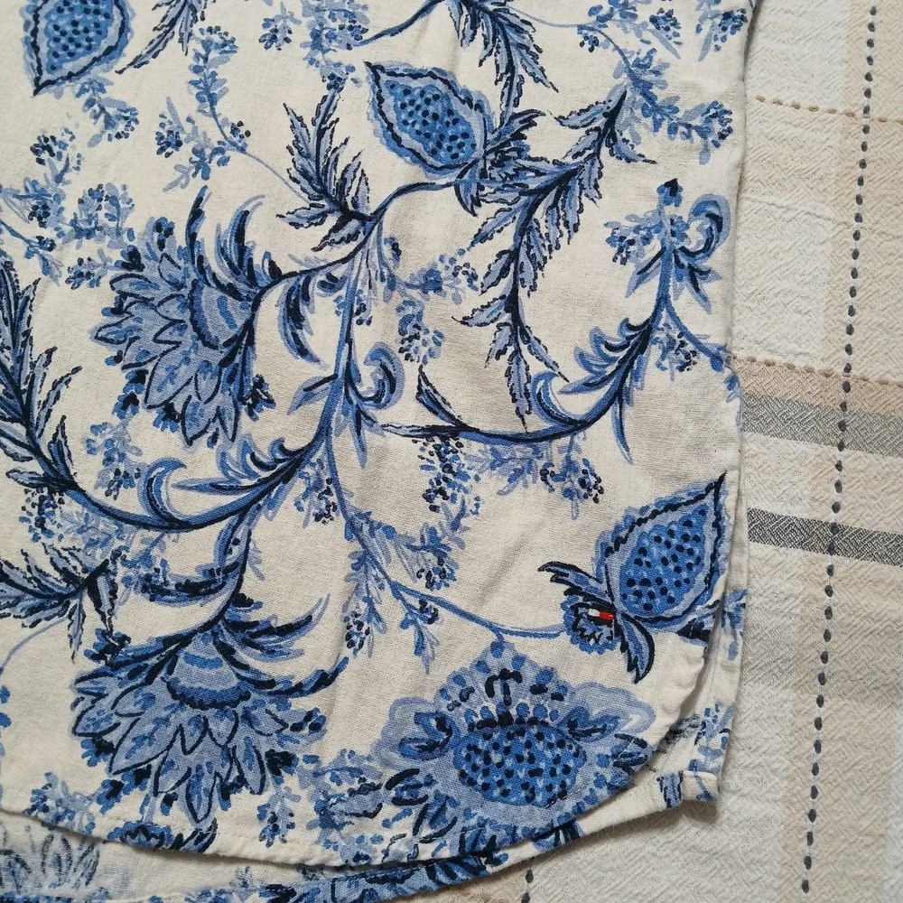Tommy Hilfiger Men's 2XL White Blue Hawaiian Linen Blend Short Sleeve Polo Shirt